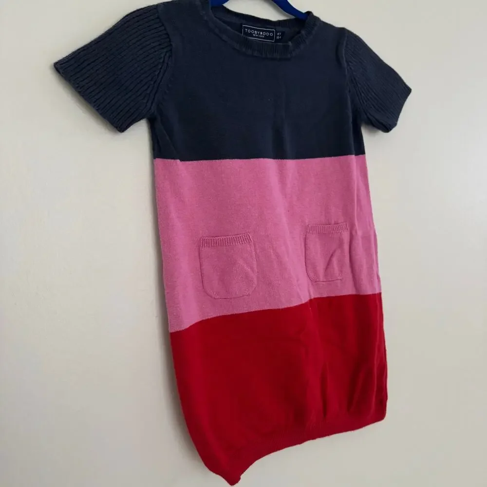 Toobydoo Colorblock Sweater Dress in Navy, Pink, and Red Stripes